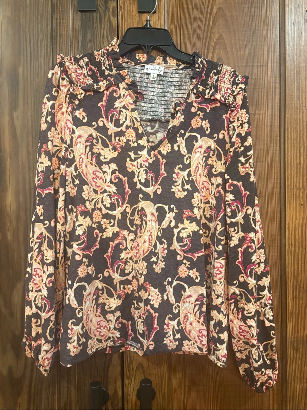 Wonderly Black Paisley Long Sleeve Ruffle V-Neck Top